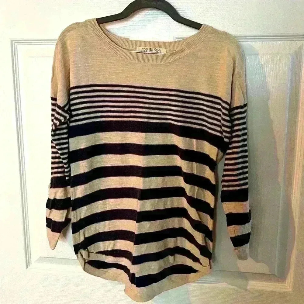 Pink Rose Striped Lightweight Sweater with Roll Up Sleeves. Size Large